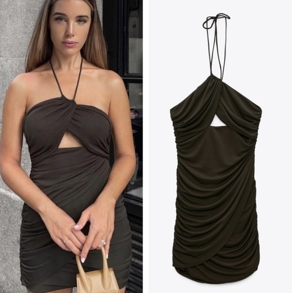 Zara cut-out draped mini dress green xs - Picture 3 of 16